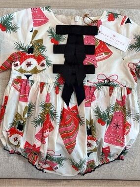 Pink Chicken Holiday Bell Bubble Dress with Black Ribbon